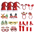 Flat lay of 20pcs Christmas party accessory set with hats, glasses and headbands - 6 Glasses + 6 Hats + 4 Headbands + 4 Slap Bracelets