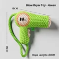 Green hair dryer plush dog squeaky toy with 30cm rope for teeth cleaning and play - Green