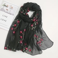 Elegant black chiffon scarf with pink floral embroidery for women fashion and sun protection - Black