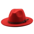 Elegant red wool fedora hat with wide brim and brown leather band buckle detail - Red