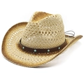 Sombrero de vaquero de paja estilo western con banda turquesa y ala degradada - M (56-58cm) / Estilo Vaquero Occidental Degradado Blanco Roto(01)