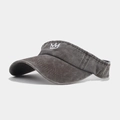 Detail of white crown embroidery on washed grey cotton open top sun visor hat - Adjustable / Coffee