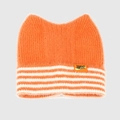 Detail of soft orange knit cat ear beanie with white stripes and sweet woven label - One Size / Orange