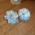 Detail shot of 3D mesh flower earrings with blue and silver petals on a wood surface - 3D Flower (34#)