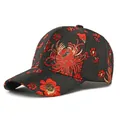 Black baseball cap with exquisite red floral embroidery and ethnic Chinese style patterns - Black