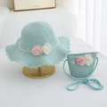 Detail of light blue straw hat and matching bag set with rose and pearl accents - Lake Blue Set