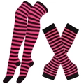 Pink and black striped over-knee socks and arm warmer set for Halloween cosplay - One Size / Rose Black Striped