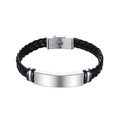 Braided black leather bracelet with polished silver stainless steel plate and clasp - KZ07 Silver (Leather Material)