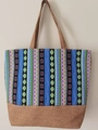 Ethnic style linen tote bag with colorful woven stripes and jute base - Pattern 1