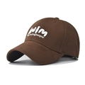 Close-up of white 3D letter embroidery on a coffee brown cotton twill baseball cap - Adjustable / Coffee