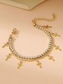 Detail of gold double-layer bracelet with tennis chain crystals and cross pendants - Cross / 3mm / Gold