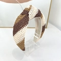 Detail of wide straw braided headband with knotted top and tricolor striped pattern - Beige Khaki Yellow Stripe