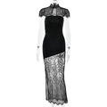 Elegant black lace patchwork maxi dress with high neck shawl and bodycon fishtail silhouette - S / Black