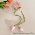 Pink tulip organza scrunchie with green ribbons and flower pendants, 10cm diameter - Pink Ribbon Tulip Hair Tie