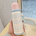 Stainless steel insulated water bottle with cute pink lid and blue handle strap for portable daily use - 500ml / Pink-Blue Wave Style (BWB6114)