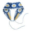 Detail of hand-crocheted daisy headband showing intricate floral knit and blue-white texture - Blue