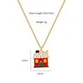 Christmas necklace with red cartoon house pendant, golden chain 39+5cm for women - White Roof Christmas House