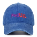 Close-up of vintage washed denim baseball cap with FedUp embroidery and six-panel crown - Dark Blue