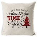 Linen Christmas pillow cover with buffalo plaid tree and festive holiday quote print - A-35