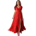 Elegant red chiffon bridesmaid dress with V-neck, ruffle sleeves and high slit detail - US size 2 (S) / Bottoms / Red