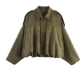 Olive green faux suede cropped bomber jacket with lapels and shoulder epaulettes - Green with Pocket