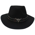 Detailed view of black felt western cowboy hat with steer skull and ethnic woven band - Adult (57-60cm) / Black (Bull Head + Colorful Band)