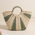 Handmade beige and grey-green striped straw tote bag with round handles for beach vacation - Beige+Green