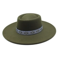 Detail of olive green wool fedora hat with ethnic embroidered geometric ribbon band - M / Army Green