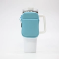 Sky blue neoprene pouch for 40oz tumbler with zippered pocket and elastic band design - Double Pocket Dark Blue