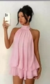 Pink halter neck chiffon mini dress with layered ruffle hem and pleated details - XS / Pink