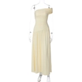Detail of light yellow ruched fabric and off-shoulder slit design on long dress - S / Light Yellow