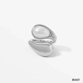 Silver-plated fluid open ring featuring a teardrop pearl and polished metal droplet - Silver Pearl Ring (B567)