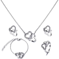Parure de bijoux double cœur argentée avec collier, bracelet, boucles et strass - 3055