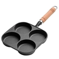 Cast iron 4-cup egg frying pan with deep round molds and ergonomic wooden handle - Extra Deep 4-Hole Egg Pan Anti-Spill Design (Single Pan)