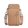Khaki crossbody phone bag with dual pockets and heart-shaped zipper on white background - Large size with earphone hole / Khaki
