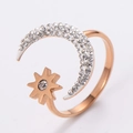 Elegant rose gold moon and star ring featuring crystal-studded crescent and sparkling star - US 6 / Star Style / Rose Gold