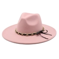 Detailed view of pink wide-brim wool fedora hat with metal chain and black ribbon bow - M (56-58cm) / Dusky Pink