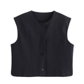 Close-up of black sleeveless vest with four front buttons on plain white background - Black