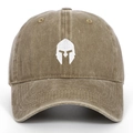 Close-up of Spartan helmet white embroidery on washed khaki cotton baseball cap - One Size / Khaki