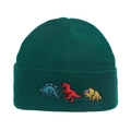 Close-up of three colorful dinosaur embroidery on a ribbed green knit beanie hat - M (56-58cm) / Dark Green