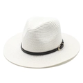 Summer white straw fedora hat for women with black leather band and gold buckle detail - M (56-58cm) / White