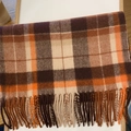 Australian wool scarf with brown and orange plaid pattern and fringe detailing - 180cm / Orange