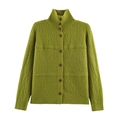 Detailed view of green knit cardigan with high collar and textured buttoned fabric - S / Yellow-Green