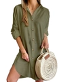 Detail of olive green long-sleeve shirt dress with buttoned front and textured crepe fabric - S / Dresses / Green