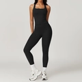 Two-piece black yoga set featuring a square neck tank top and high-waisted leggings - S / Top And Bottom / Vest + Long Pants (8519) / Premium Black