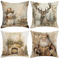 Christmas pillowcase set with snowman, reindeer, fireplace, and Santa Claus patterns - Warm Beige Retro Watercolor Set