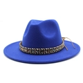 Detail of the royal blue wide brim fedora with ethnic woven band and leather cord - M (56-58cm) / Blue