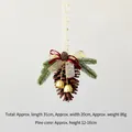 Hanging Christmas pine cone ornament with red star ribbon, pine needles and gold bells - Natural Pinecone A