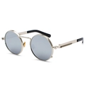 Retro steampunk round sunglasses with silver metal spring temples and grey lenses - Silver White Mirror