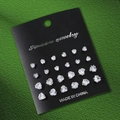 Detail of 12 pairs of clear zircon stud earrings arranged on a black display card - Heart Rhinestone Style (S3637-2)